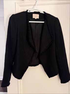 Petite LOFT Black Frayed Open-Front Cropped Tweed Blazer
